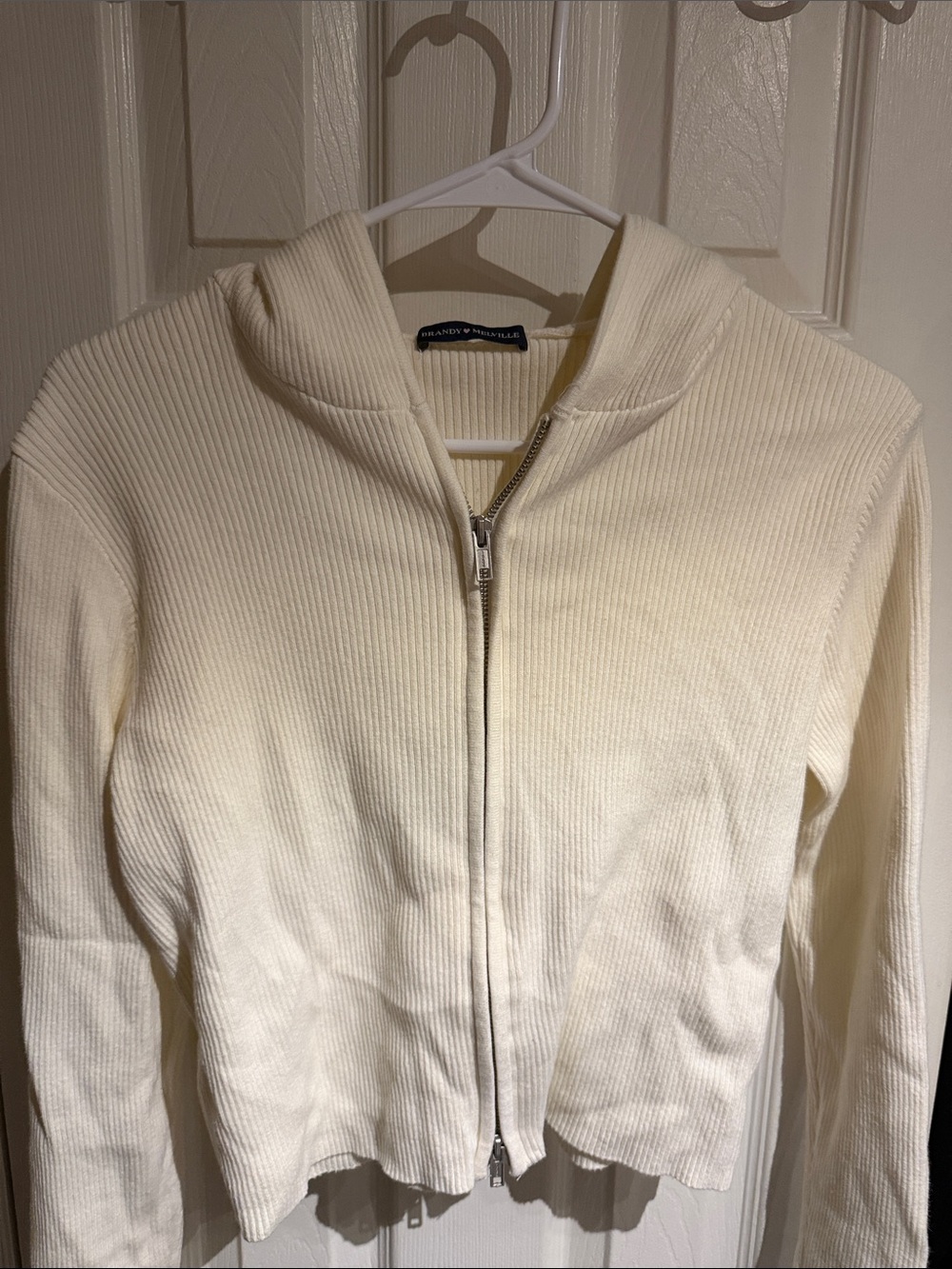 Brandy Melville Cream Ribbed Zip Hoodie